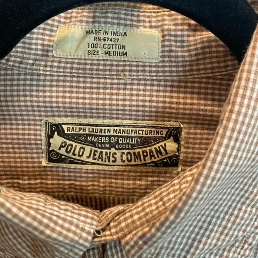 Ralph Lauren POLO Men’s Collard Tan Checkered Button Down Dress Shirt - Size M
